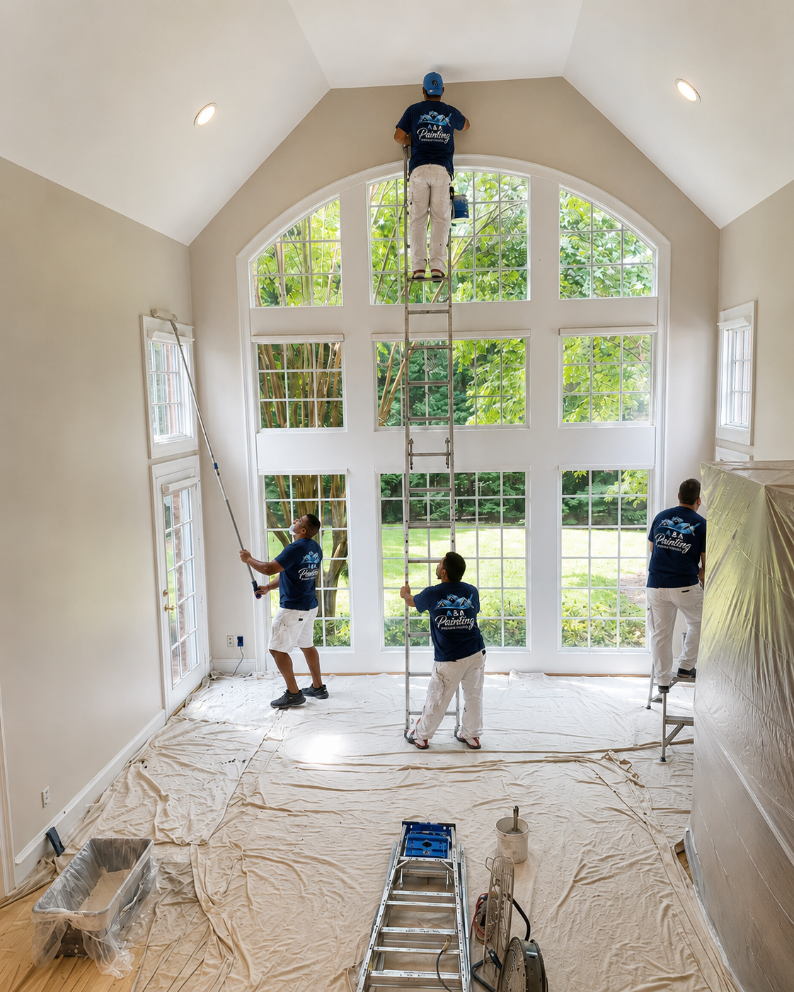 A & A Painting crew in branded shirts in front of a repainted southern home